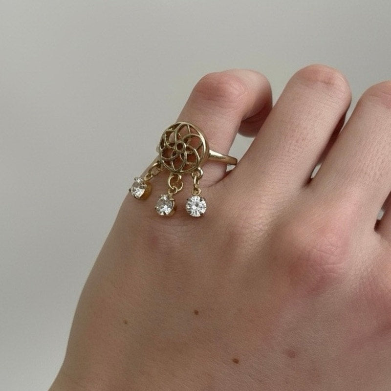 Gold Mandala Rhinestone Dangle Ring