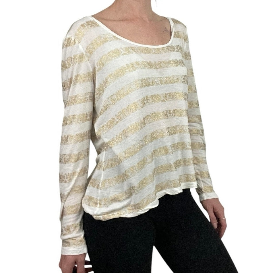 Jennifer Lopez Glittery Gold and White Striped Sheer Long Sleeve Top