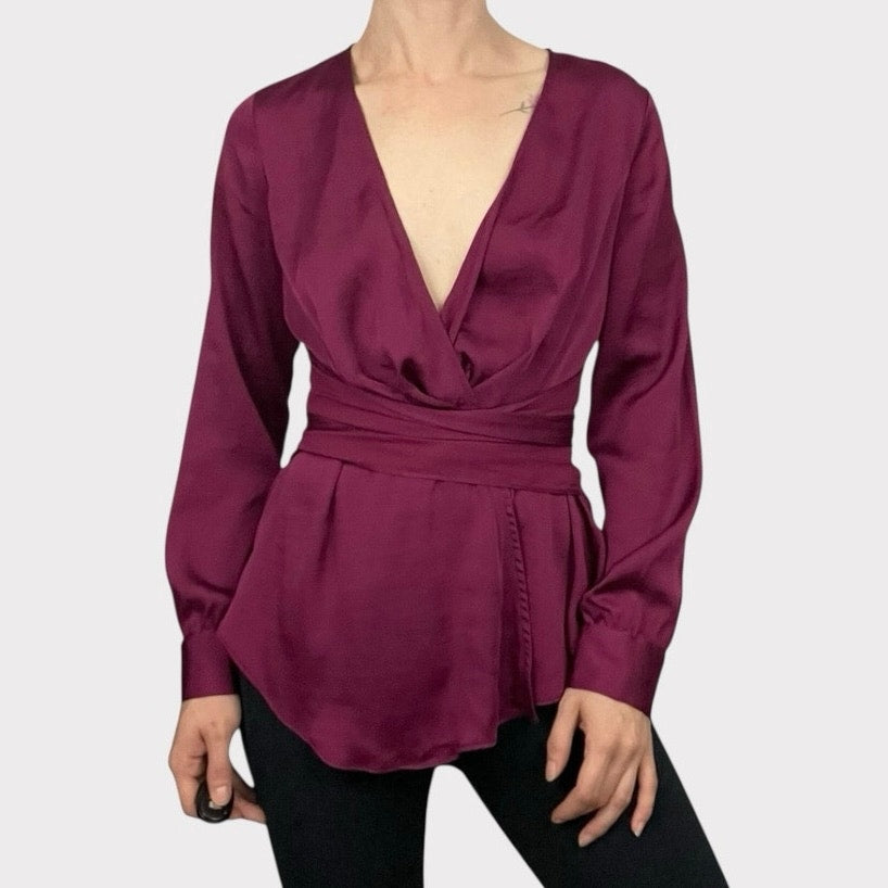 Moulinette Soeurs by Anthropologie Silky Maroon Wrap Long Sleeve V-Neck Blouse