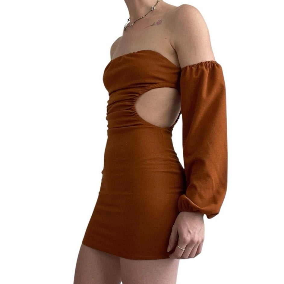 Fashion Nova Burnt Orange Off the Shoulder Cutout Bodycon Mini Dress