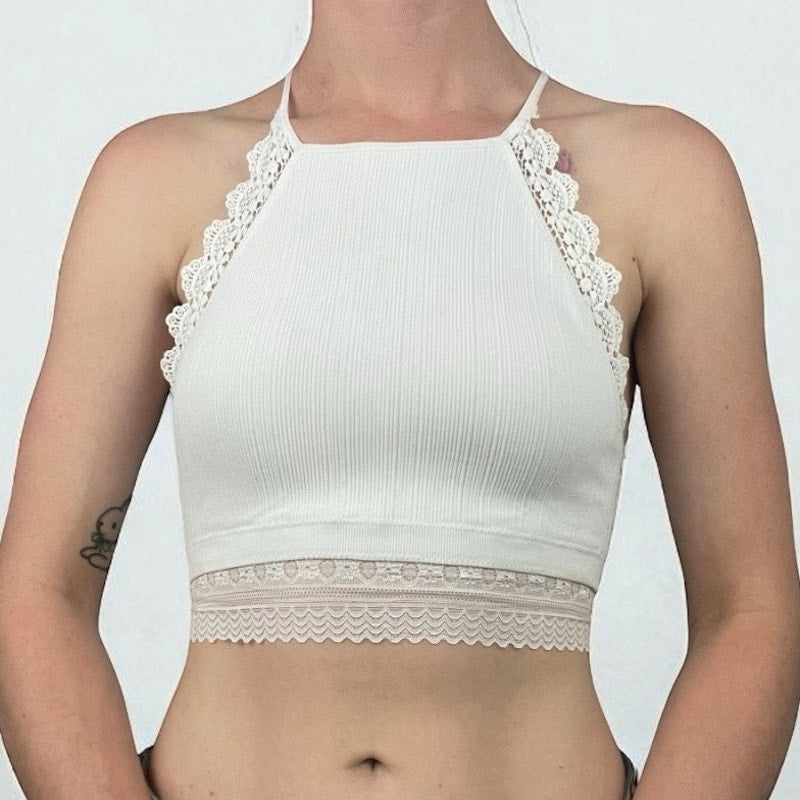 NWOT White Lace Trim Ribbed Strappy Open Back Padded Bralette Top