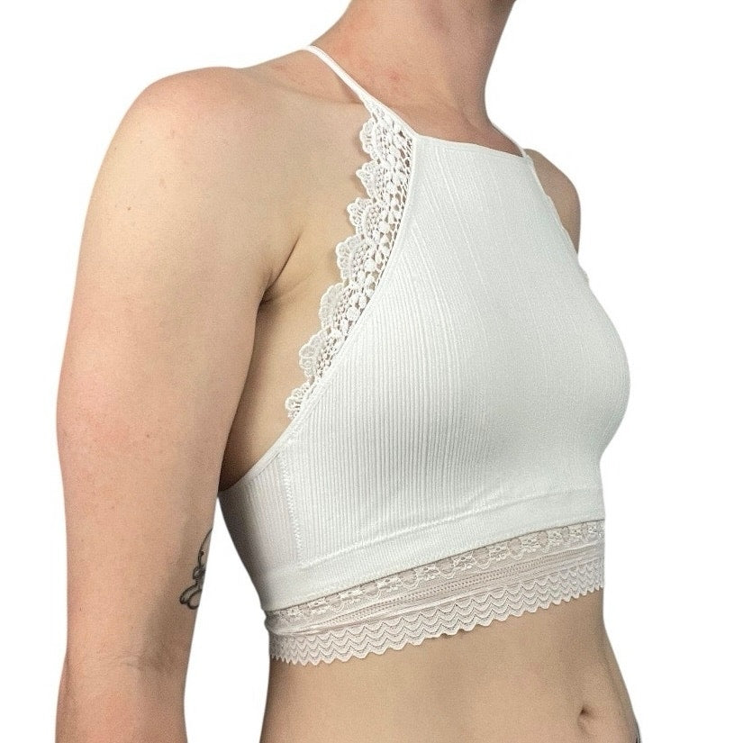 NWOT White Lace Trim Ribbed Strappy Open Back Padded Bralette Top