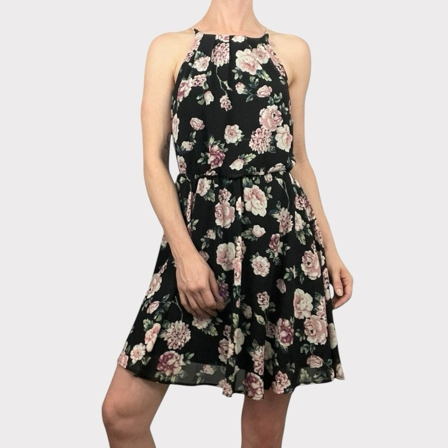 Blue Rain Black & Pink Floral A-Line Mini Dress