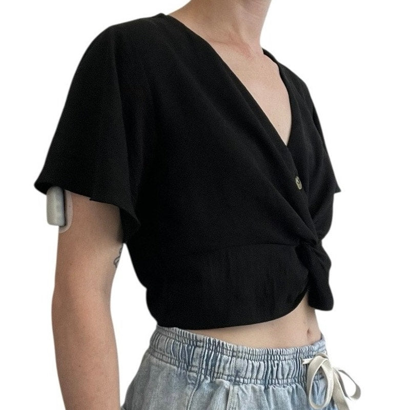Timing Black Cropped Button Down Short Sleeve Blouse