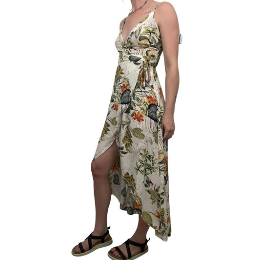 A. Peach Tropical V-Neck A-Line Midi Wrap Dress