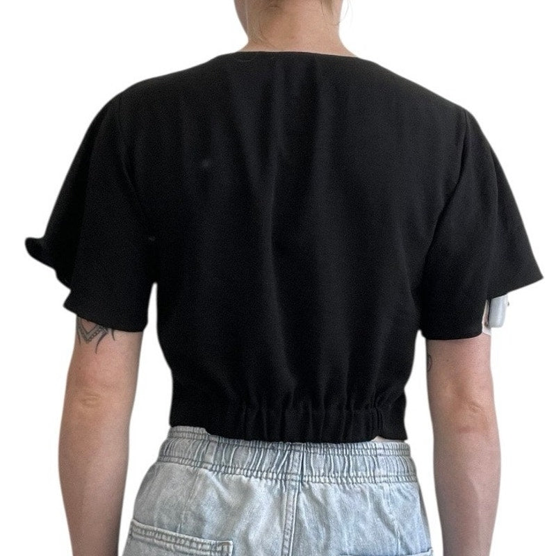 Timing Black Cropped Button Down Short Sleeve Blouse