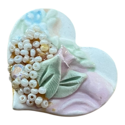Vintage Pastel Beaded Floral Heart Pendant Brooch Pin
