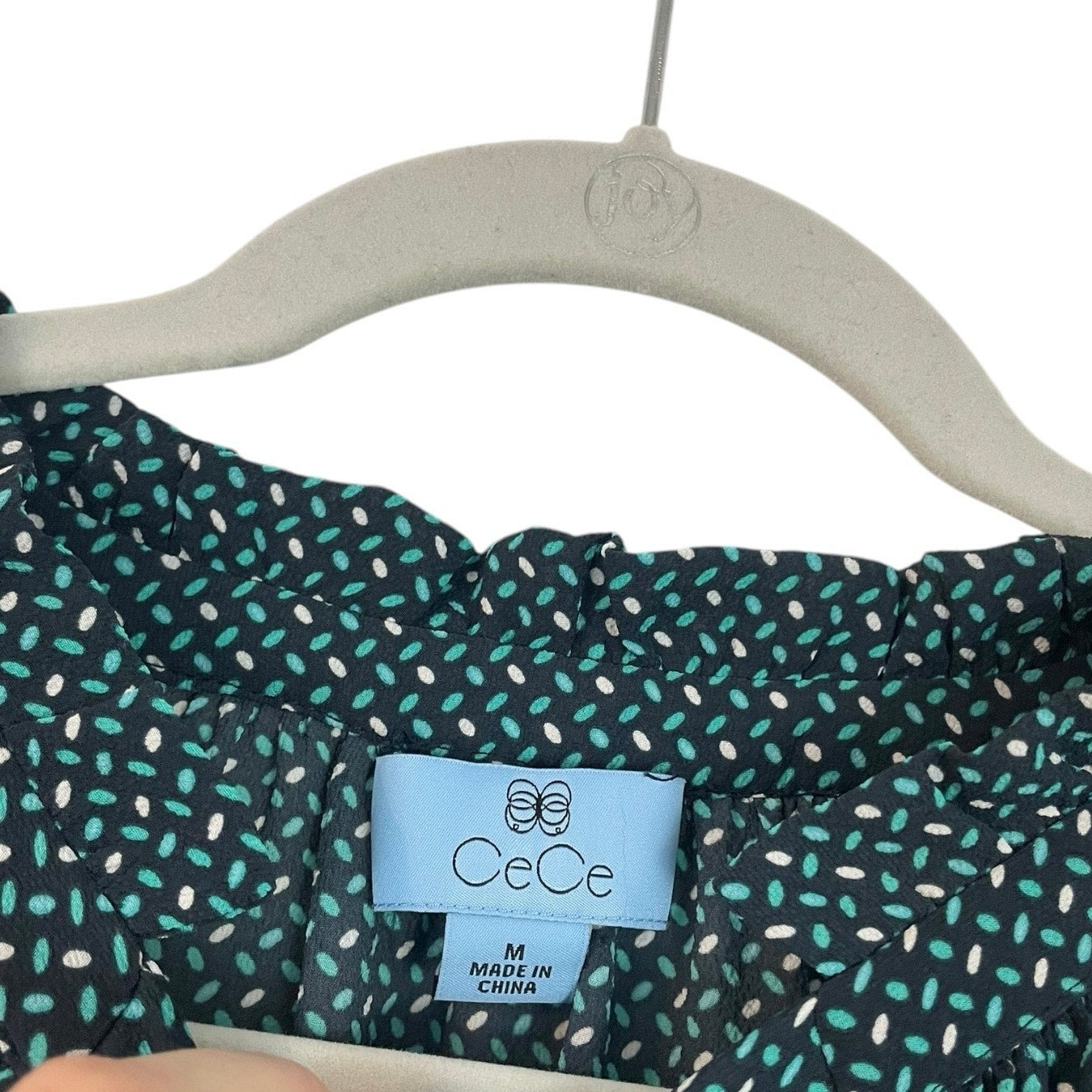 CeCe Turquoise Sheer Ruffled Short Sleeve Patterned Blouse