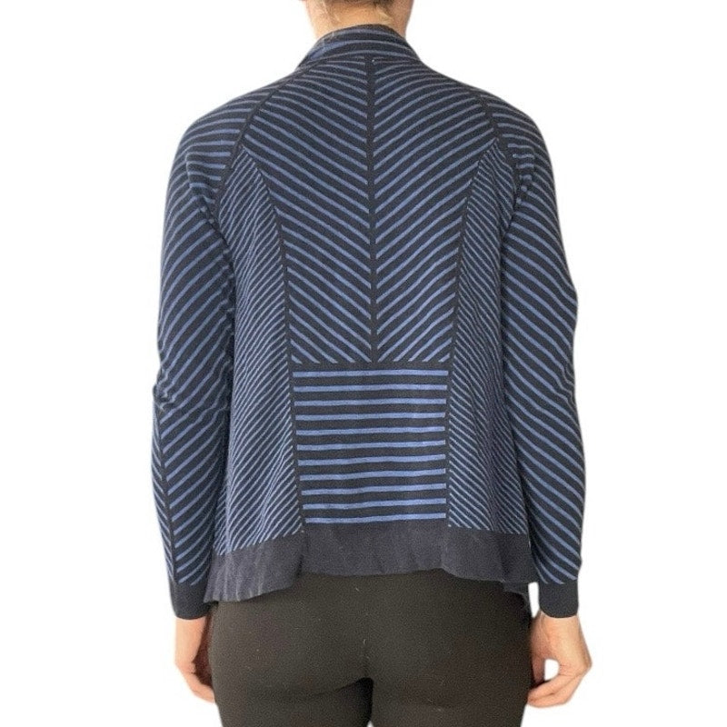 Foxcroft Blue and Black Striped Knit Cardigan Sweater