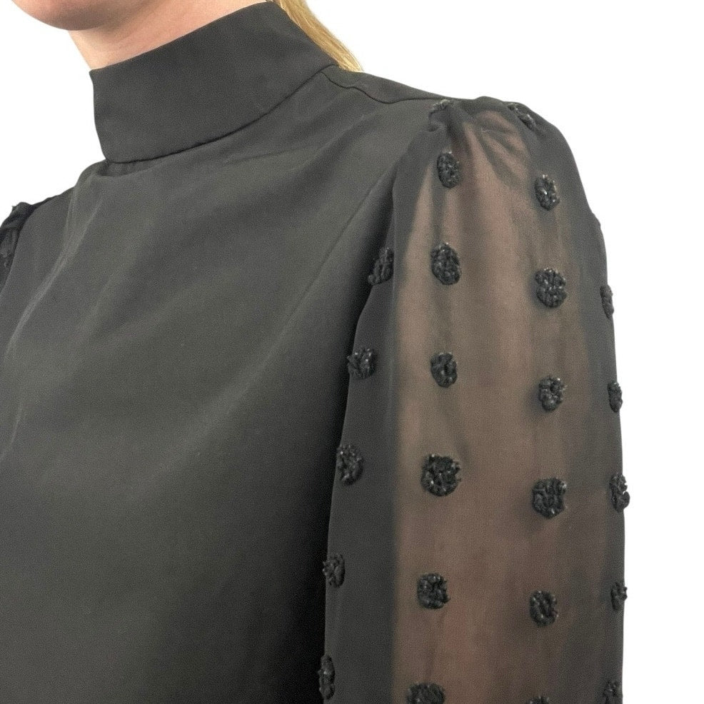 Black Puff Sheer Textured Sleeve High Neck Blouse