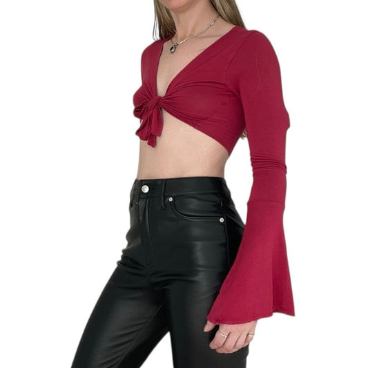 Sky & Sparrow Red Long Bell Sleeve Tie Front Cropped Blouse