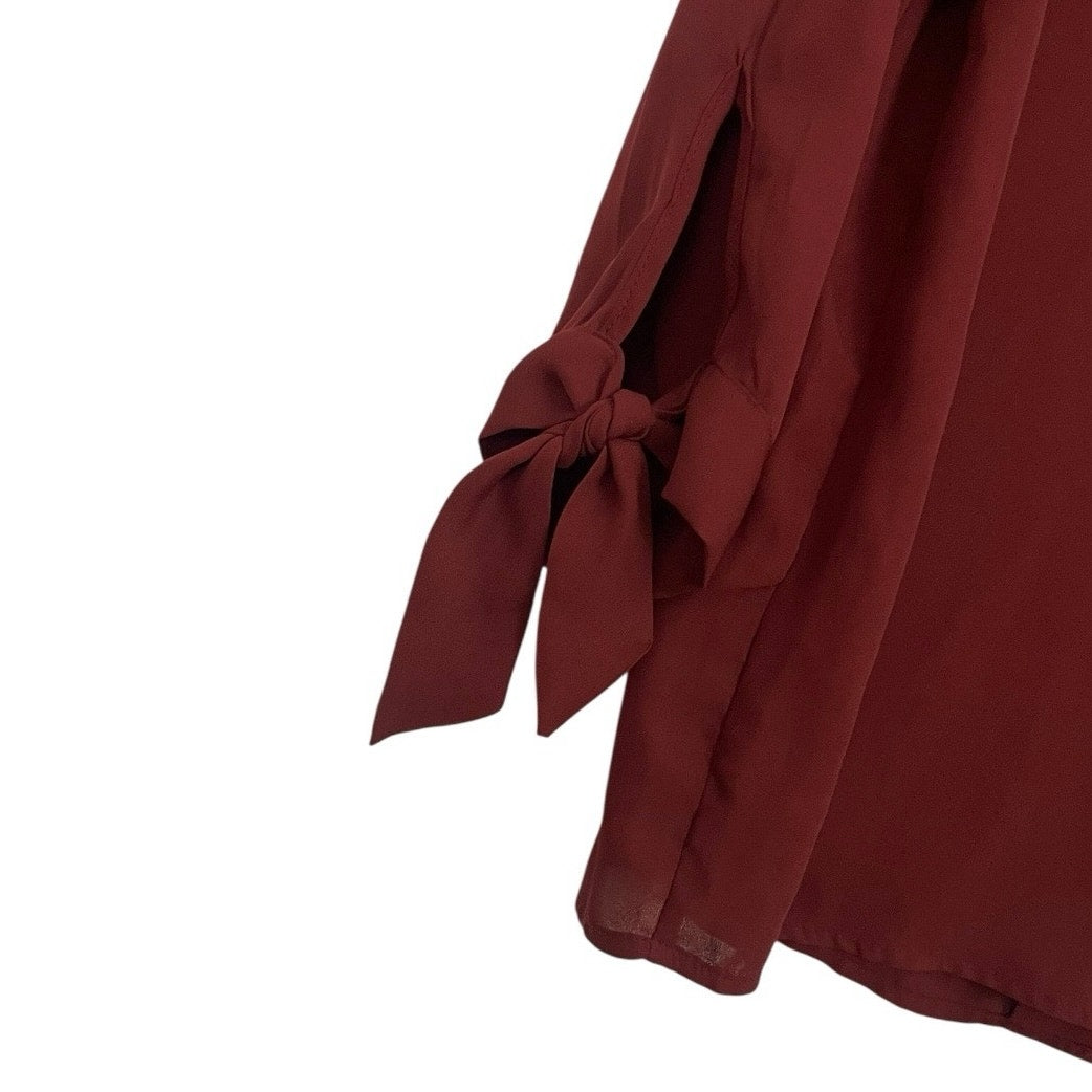 Rue 21 Burgundy Red V-Neck Long Sleeve Sheer Tie Cuff Blouse