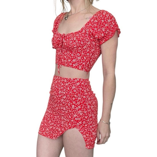 Sundae Muse. Red Floral Matching Mini Skirt & Cropped Blouse Set