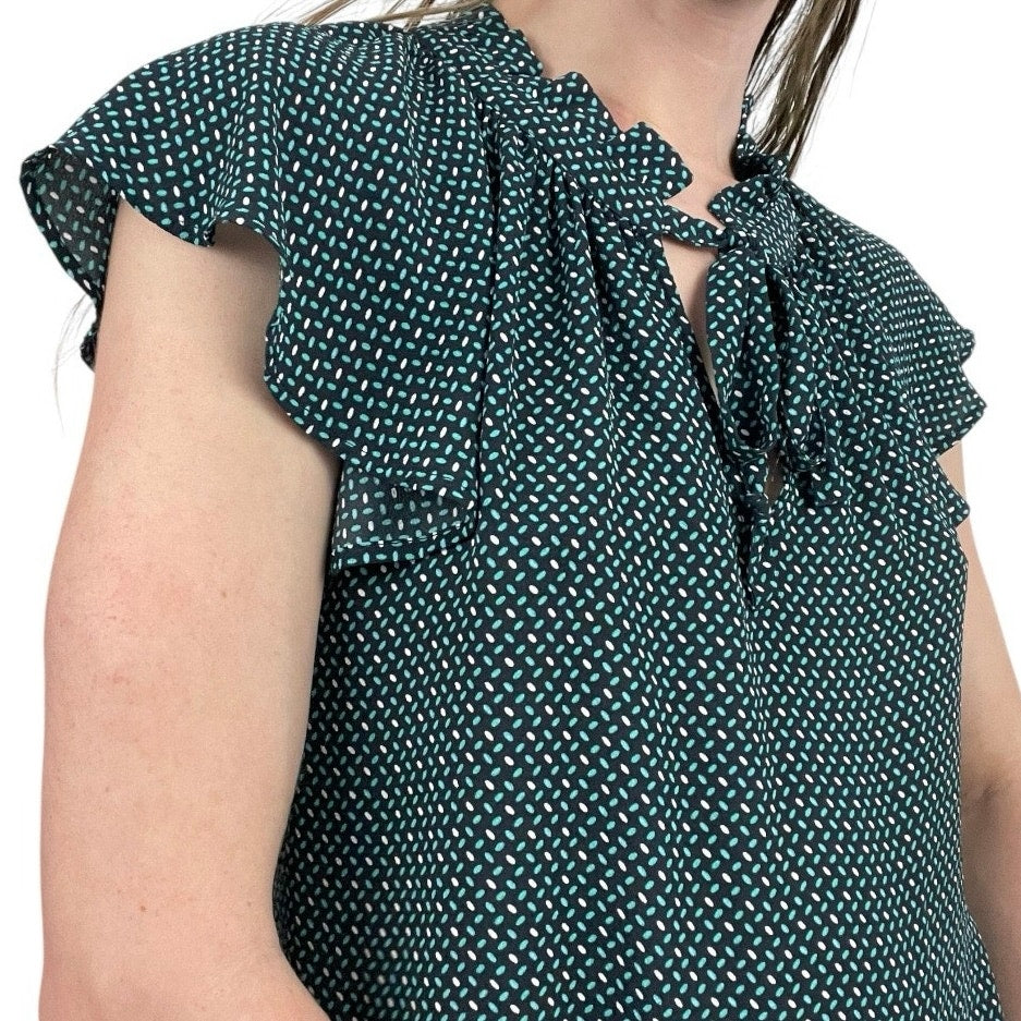 CeCe Turquoise Sheer Ruffled Short Sleeve Patterned Blouse