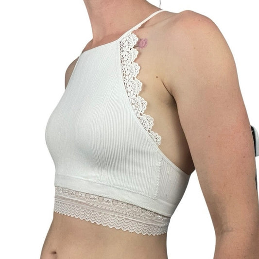 NWOT White Lace Trim Ribbed Strappy Open Back Padded Bralette Top