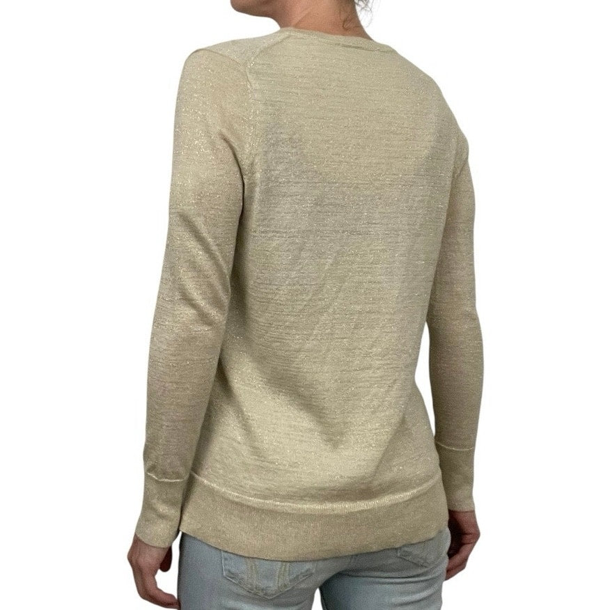 Ann Taylor LOFT Glittery Metallic Gold Cream Button Down Cardigan Sweater