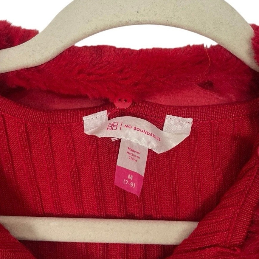 No Boundaries Red Ribbed Zip Up Fur Collar Long Sleeve Top