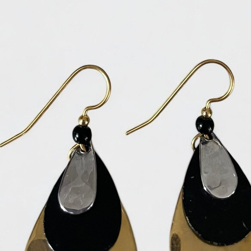 Vintage Gold Black & Silver Layered Pendant Earrings
