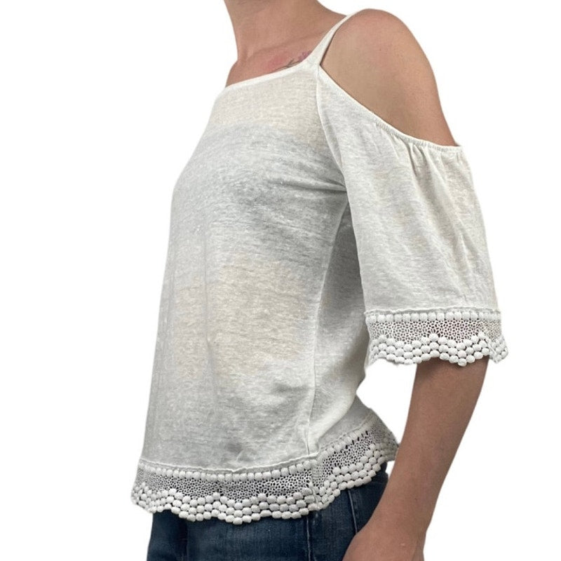 Sanctuary White Cold Shoulder Boho Lace Trim Blouse