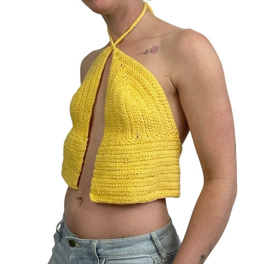 Yellow Knit Open Front Halter Neck Cropped Top