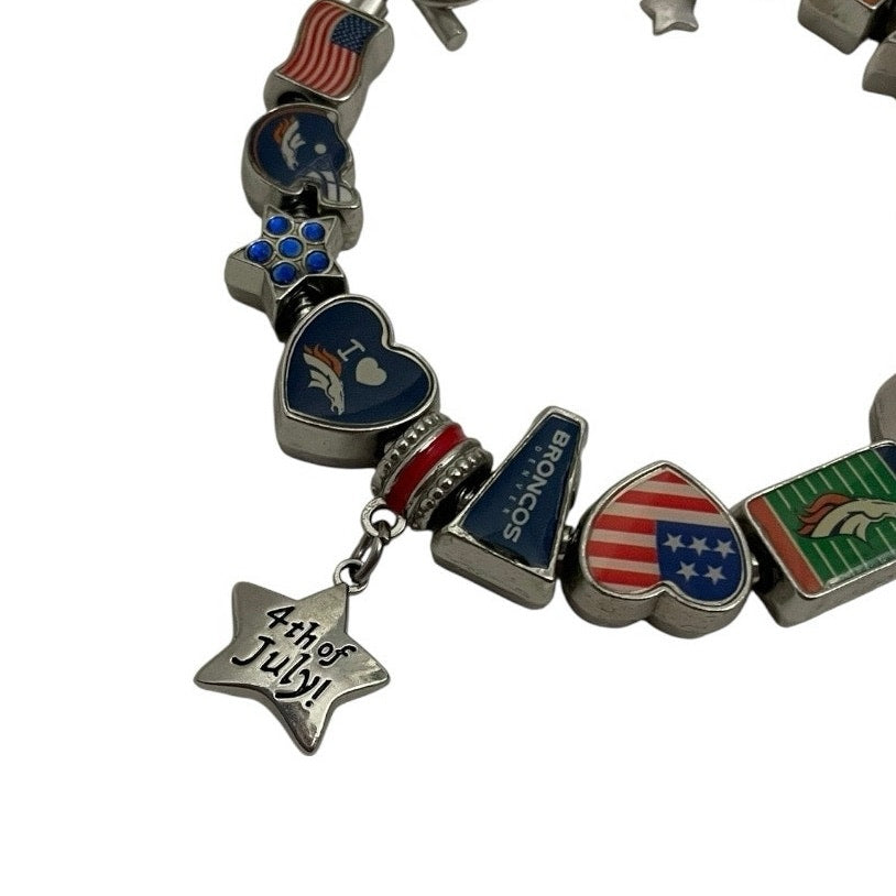Silver Denver Broncos 4th of July Blue & Orange Charm Bracelet