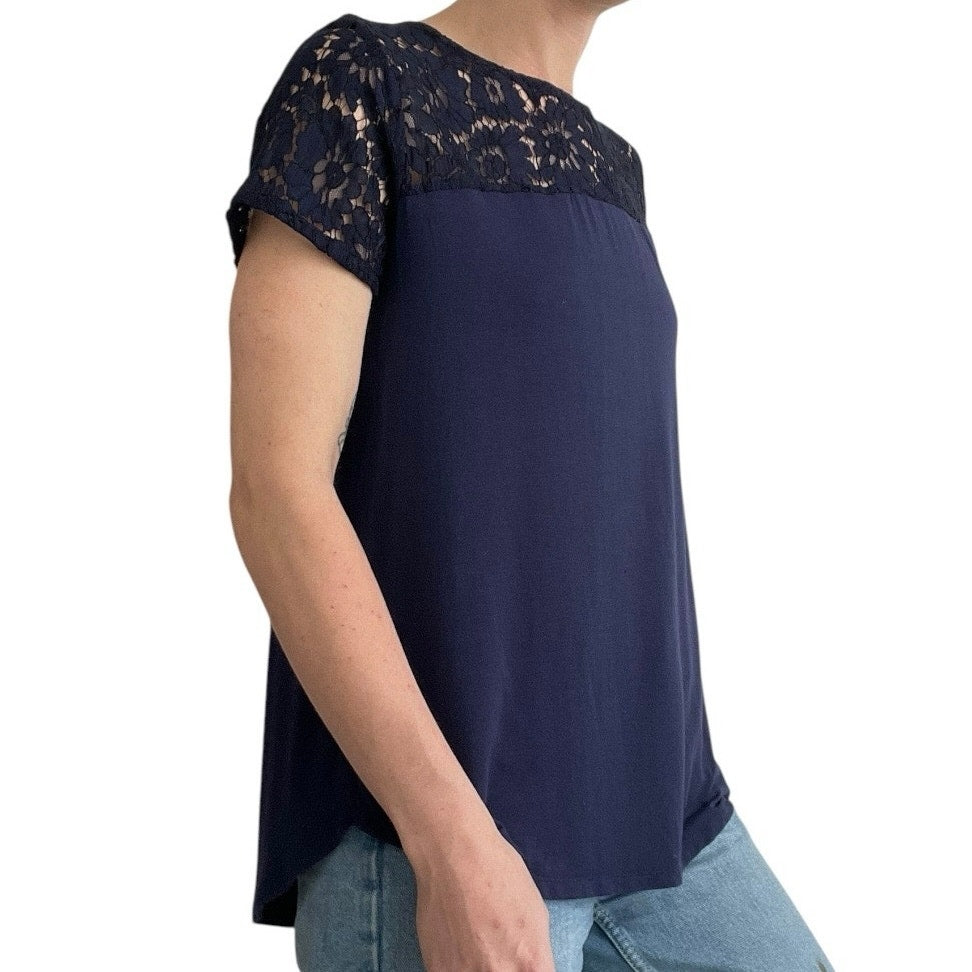 Halogen Navy Blue Floral Lace Short Sleeve Blouse
