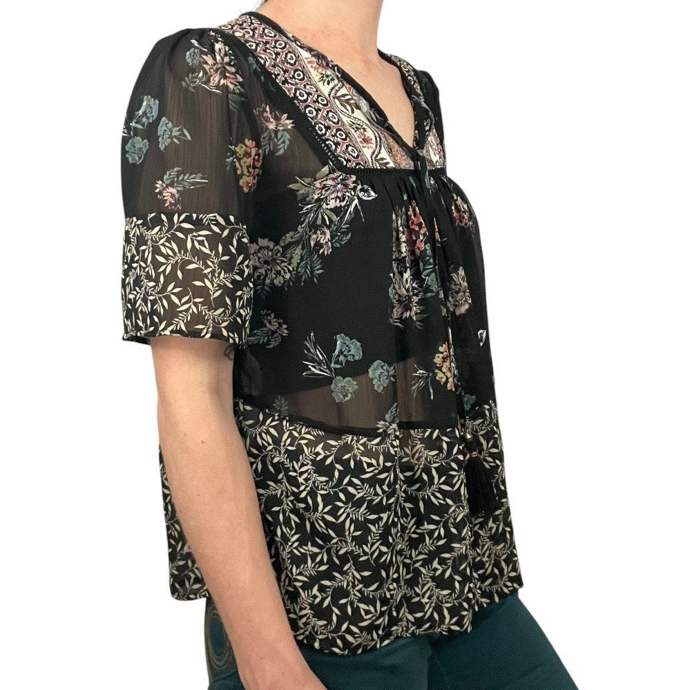 Knox Rose Sheer Black Boho Floral Short Sleeve Blouse