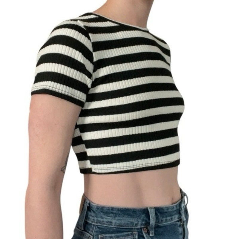Love Culture Black & White Striped Ribbed Cropped Top