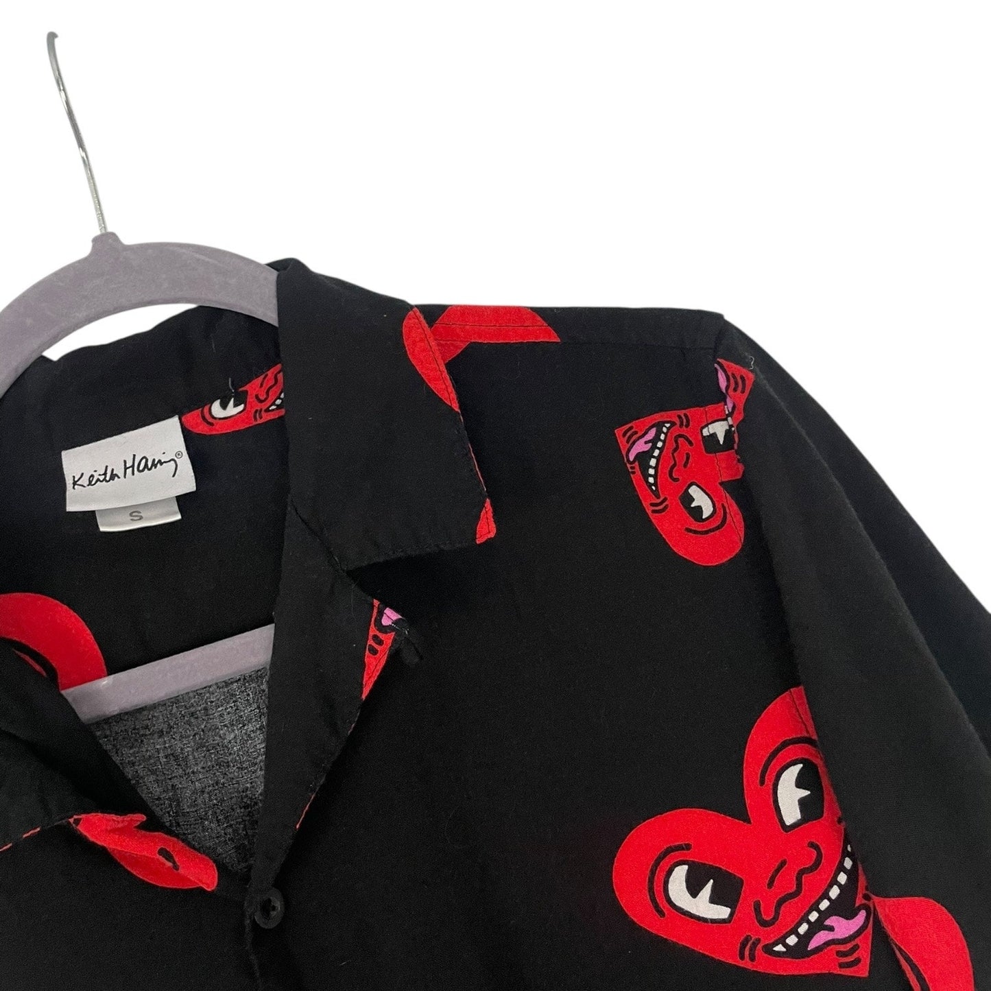 Keith Haring Black & Red Heart Short Sleeve Button Down Shirt