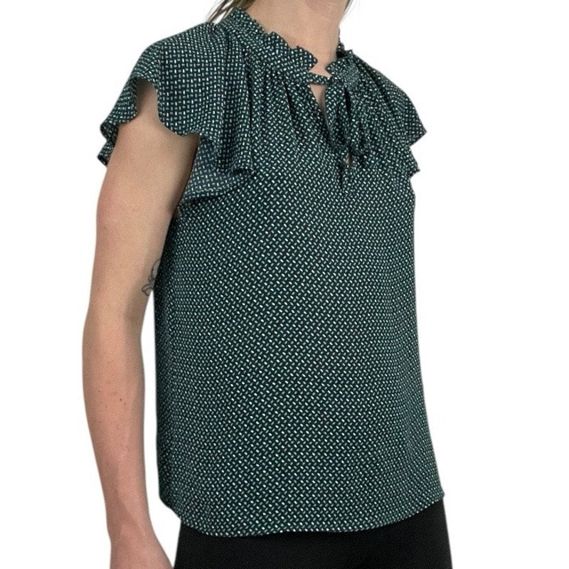 CeCe Turquoise Sheer Ruffled Short Sleeve Patterned Blouse