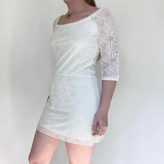 Delia's Sheer White Lace 3/4 Sleeve A-Line Mini Dress