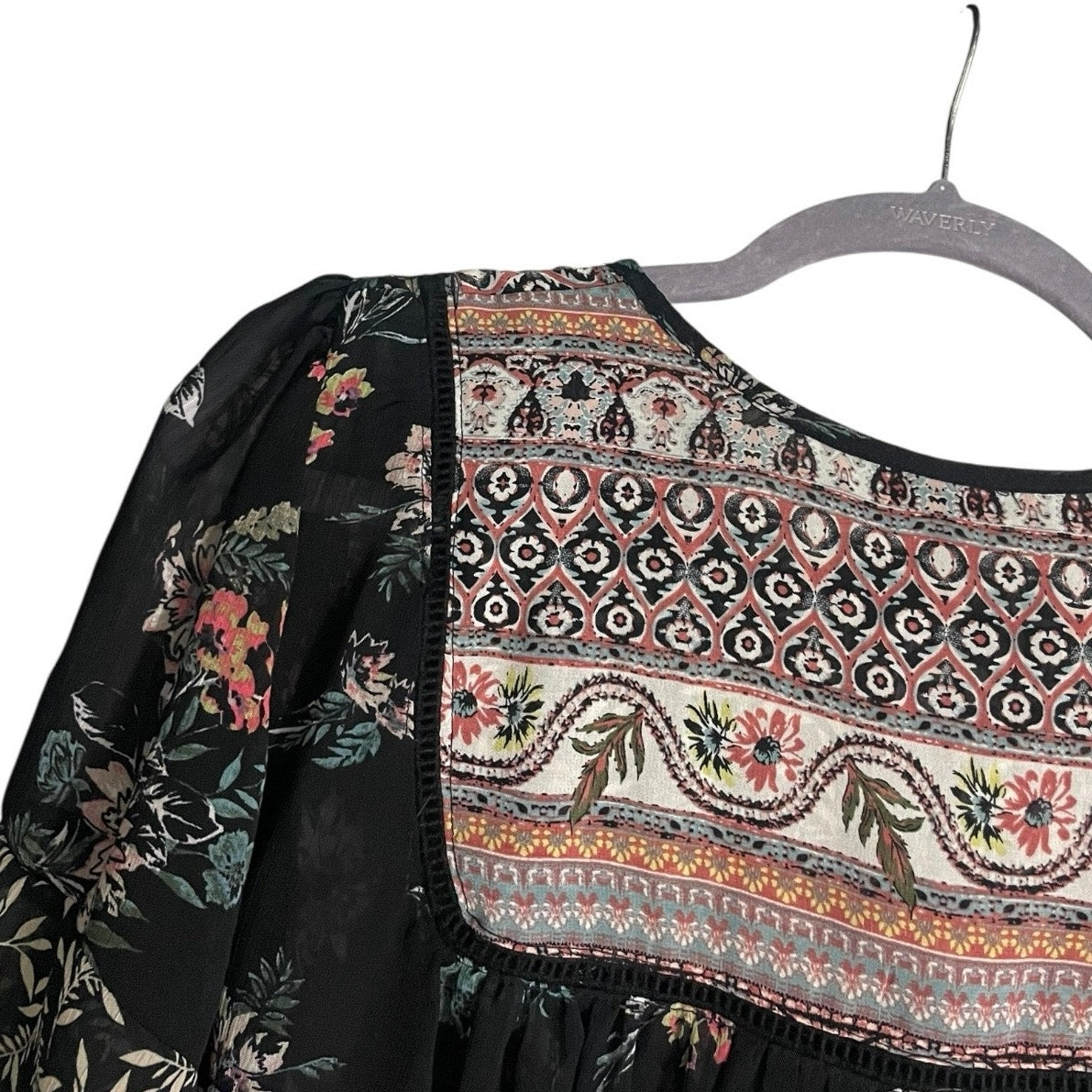 Knox Rose Sheer Black Boho Floral Short Sleeve Blouse