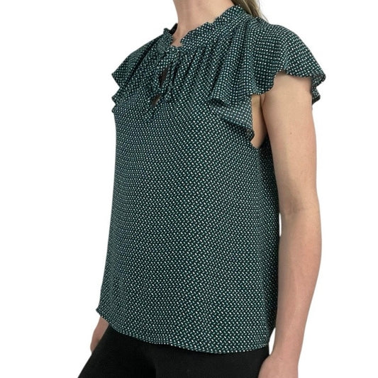 CeCe Turquoise Sheer Ruffled Short Sleeve Patterned Blouse