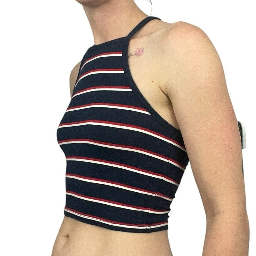 Divided Navy Blue & Red Striped Cropped Tank Top