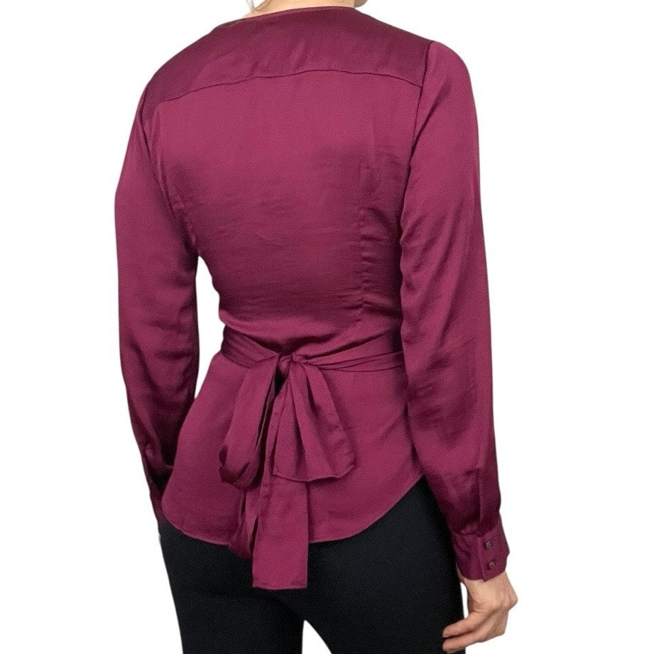 Moulinette Soeurs by Anthropologie Silky Maroon Wrap Long Sleeve V-Neck Blouse