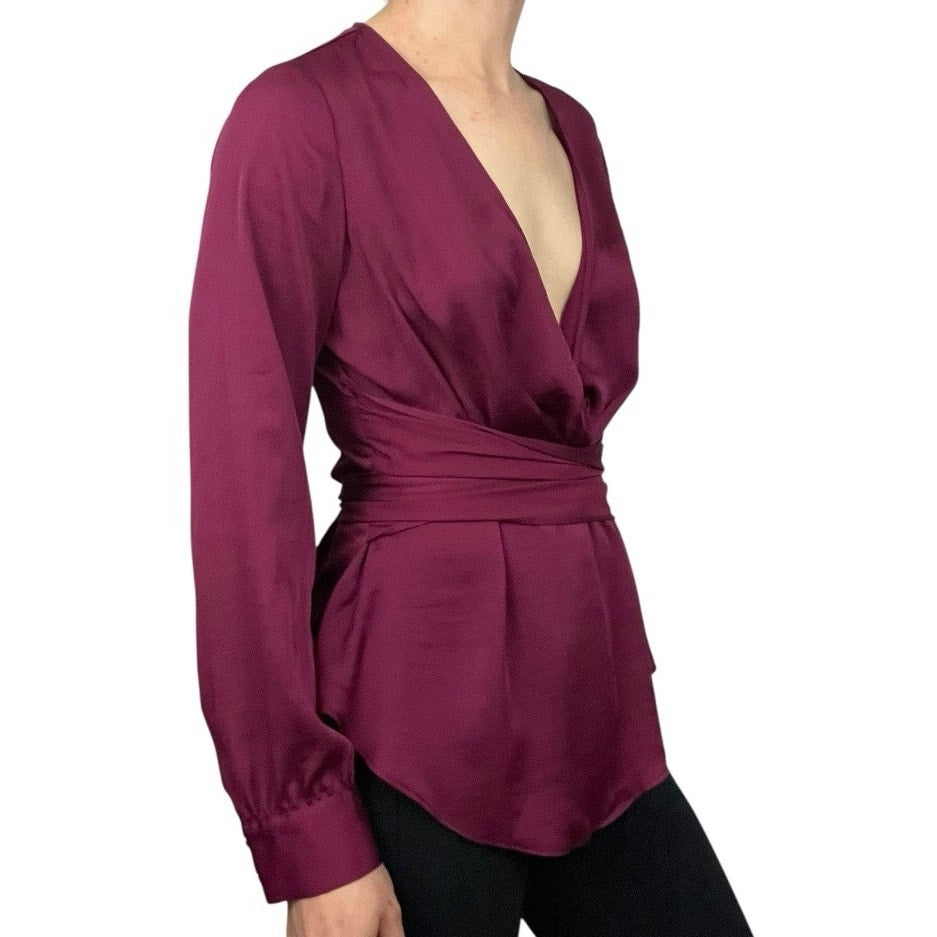 Moulinette Soeurs by Anthropologie Silky Maroon Wrap Long Sleeve V-Neck Blouse