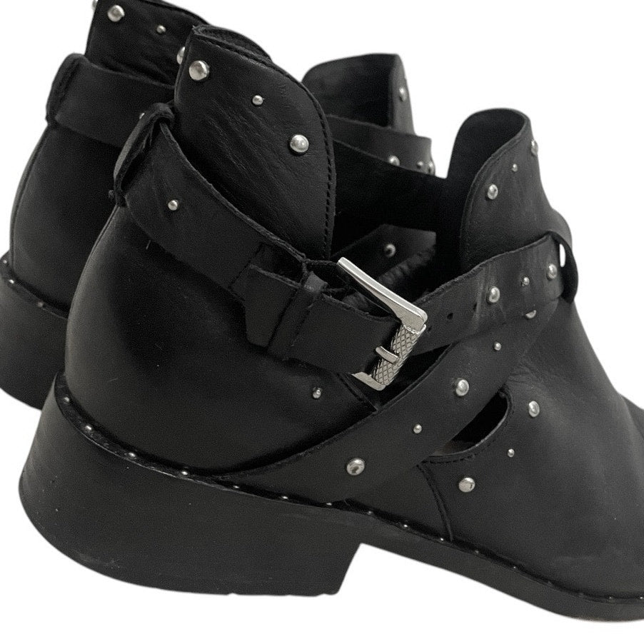 Halogen Black Genuine Leather Studded Strappy Ankle Boots