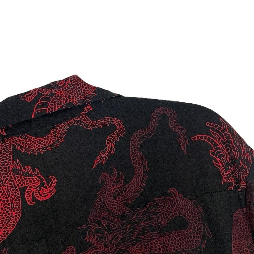 ROMWE Black & Red Dragon Print Short Sleeve Button Down Shirt