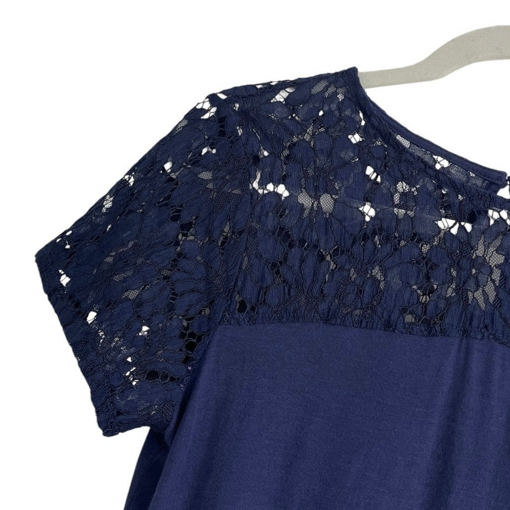 Halogen Navy Blue Floral Lace Short Sleeve Blouse