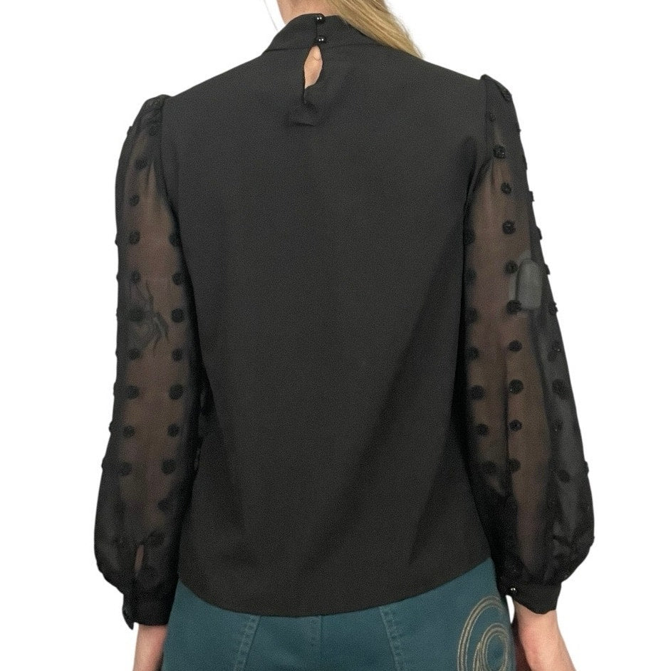 Black Puff Sheer Textured Sleeve High Neck Blouse