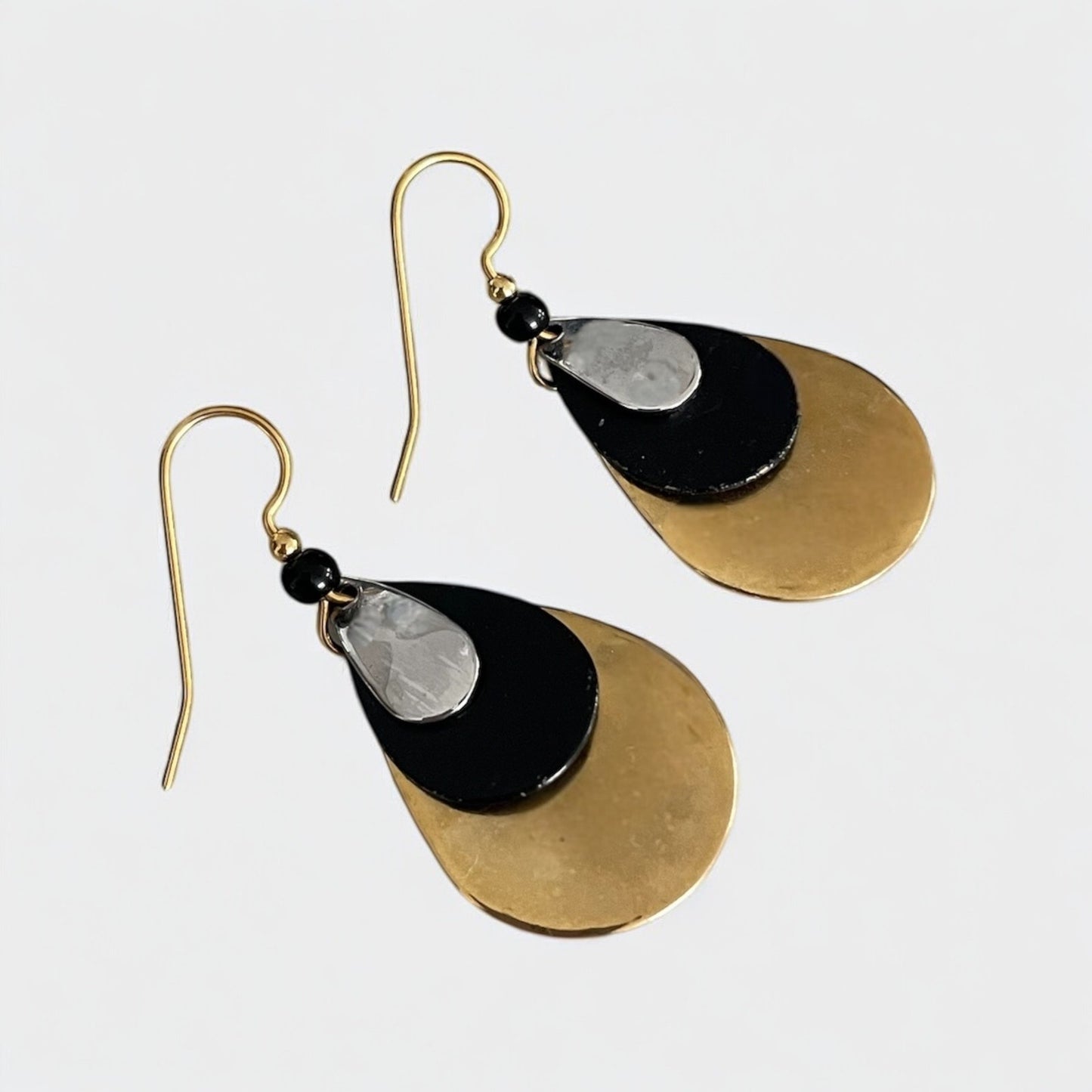 Vintage Gold Black & Silver Layered Pendant Earrings