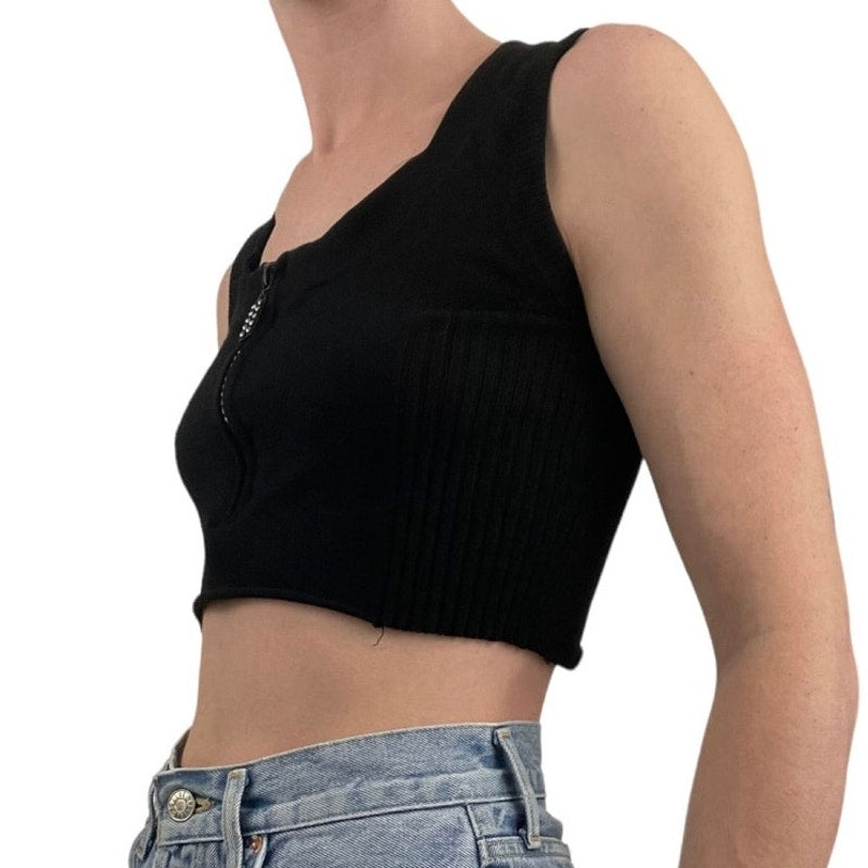 Belldini Black Cropped Rhinestone Quarter Zip Tankk Top