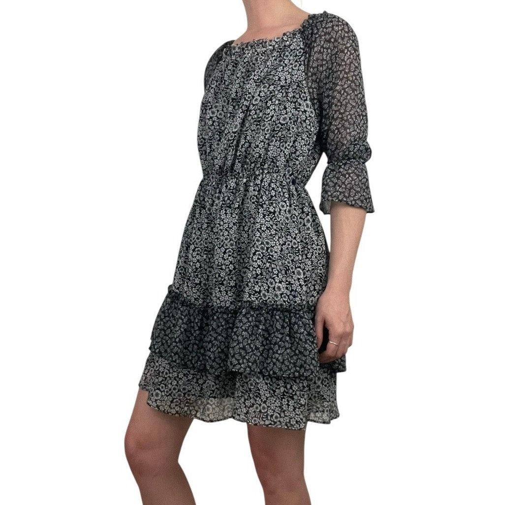 LOFT Black & Black Floral Layered Half Sleeve A-Line Mini Dress