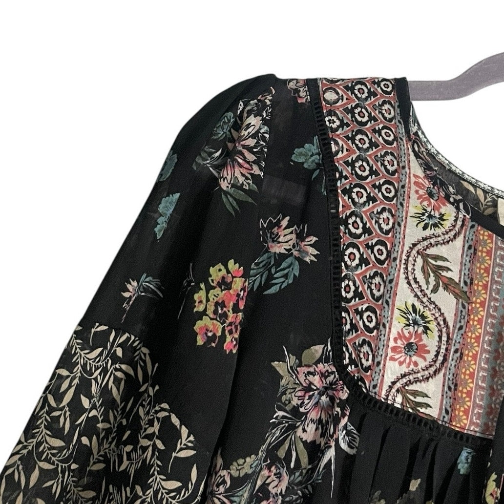 Knox Rose Sheer Black Boho Floral Short Sleeve Blouse