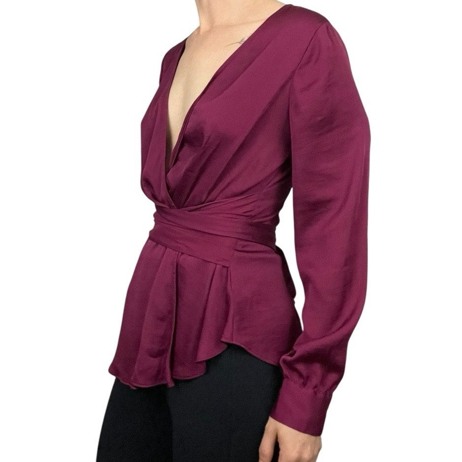 Moulinette Soeurs by Anthropologie Silky Maroon Wrap Long Sleeve V-Neck Blouse