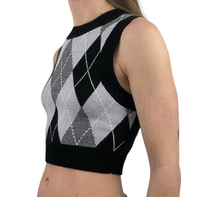 Black and Grey Argyle Knit Cropped Sleeveless Sweater
