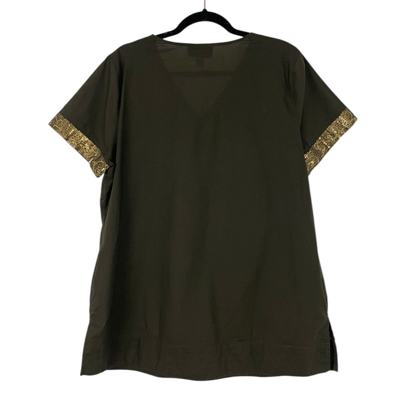 Dana Buchman Green & Gold Sequin Short Sleeve V-Neck Blouse