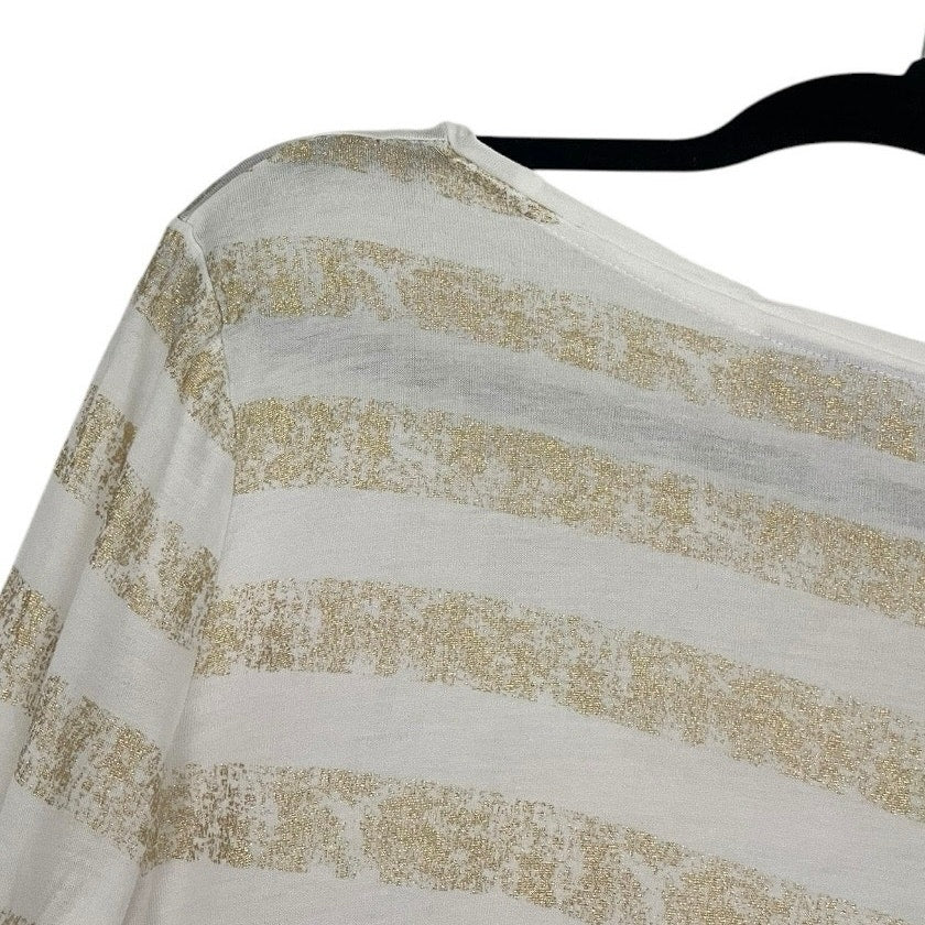 Jennifer Lopez Glittery Gold and White Striped Sheer Long Sleeve Top