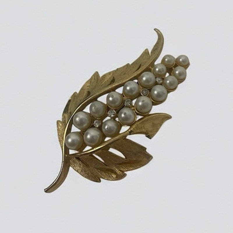Vintage Gold Pearl & Rhinestone Leaf Pendant Brooch Pin