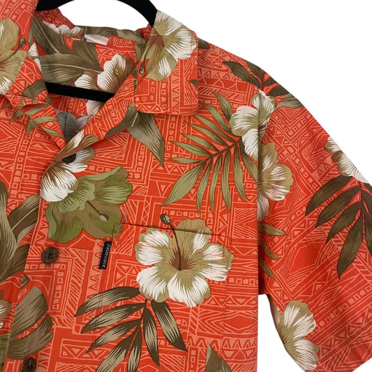 Palmwave Mens Orange Hawaiian Tropical Floral Button Down Shirt
